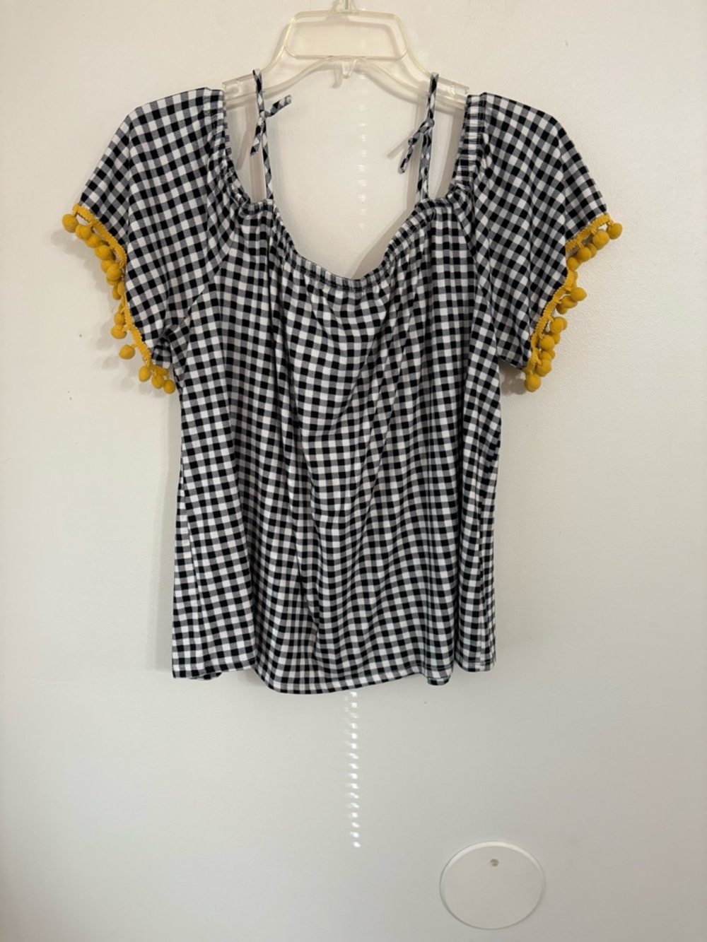 Rags II Riches Black & White Gingham Pom-Pom Sleeve Women's Top X-LARGE